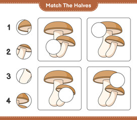 Match the halves. Match halves of Shiitake. Educational children game, printable worksheet, vector illustration