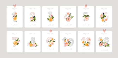 Foto op Plexiglas Baby shower milestone cards. Numbers with flowers in pastel color. Capturing print with all the special moments. Baby month anniversary card. Greeting poster for newborn © happydesign