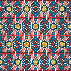 Yellow Flower on Pink Blue Geometric ethnic oriental pattern traditional Design for background,carpet,wallpaper,clothing,wrapping,Batik,fabric,  illustration embroidery style