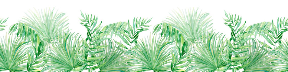 Tropical leaves watercolor horizontal seamless pattern. Hand drawn illustration of green jungle foliage on isolated background. Exotic border ribbon for postcards and invitations. Banner and fabric