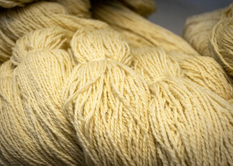 wool yarn threads, close-up of yarn texture, knitting as a hobby