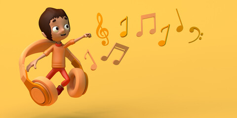 Boy jumping next to headphones and musical notes. Music concept. Copy space. 3D illustration. Cartoon.