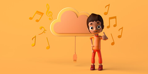Child with thumb up next to music on cloud with musical notes. Music concept. Copy space. 3D illustration. Cartoon.