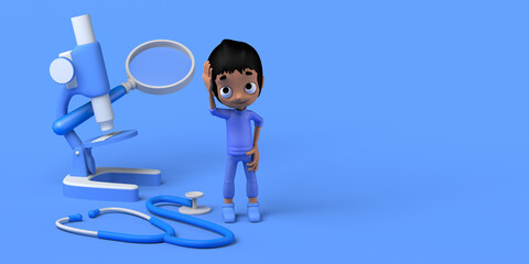 Child posing next to microscope, magnifying glass and stethoscope. Health concept. Copy space. 3D illustration. Cartoon.