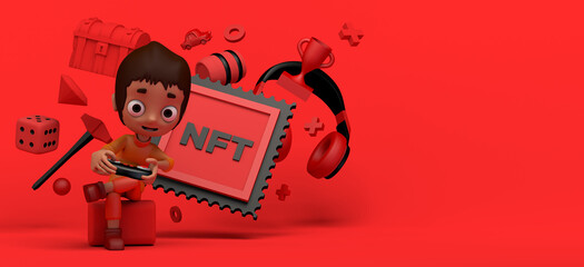 Child gamer playing video game console with non fungible token, NFT. Copy space. 3D illustration. Cartoon.