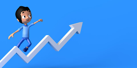 Child jumping next to arrow pointing up. Concept of success. Copy space. 3D illustration. Cartoon.
