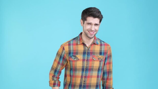 Guy touch hand ear no believe mistrust facts isolated sky color background 