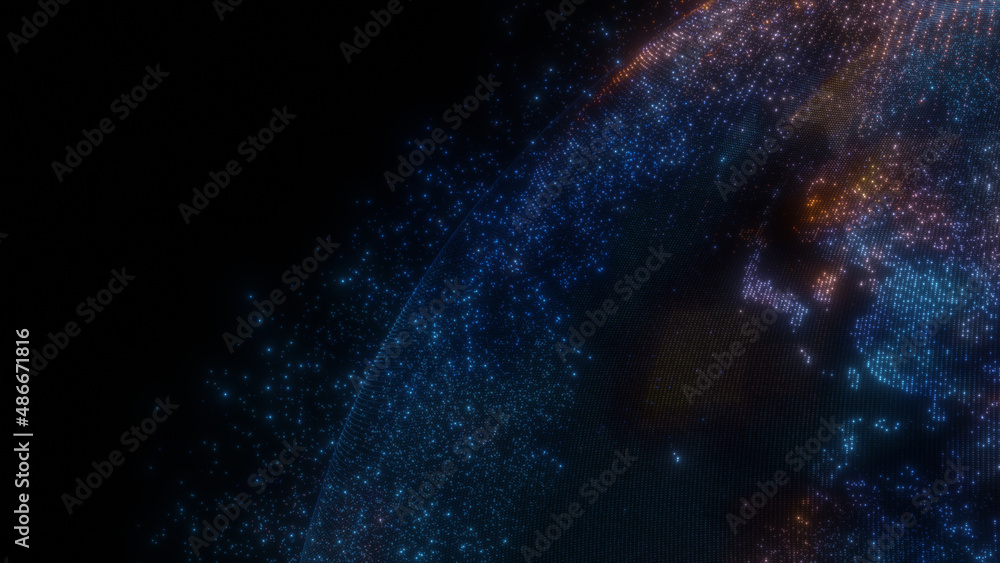 Poster glowing sphere with a map of the world from particles