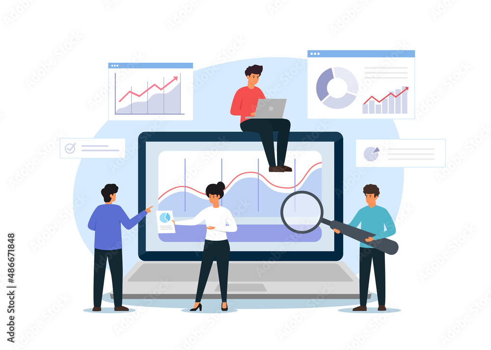 Aufkleber data analysis and statistics concept. vector illustration of people characters analyzing tables, cha