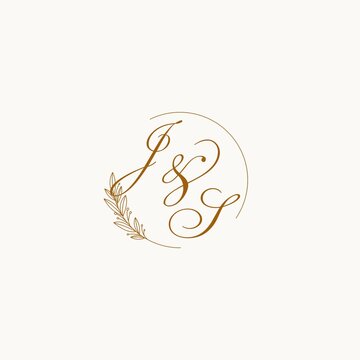 Initials JS wedding monogram logo with leaves and elegant circular lines