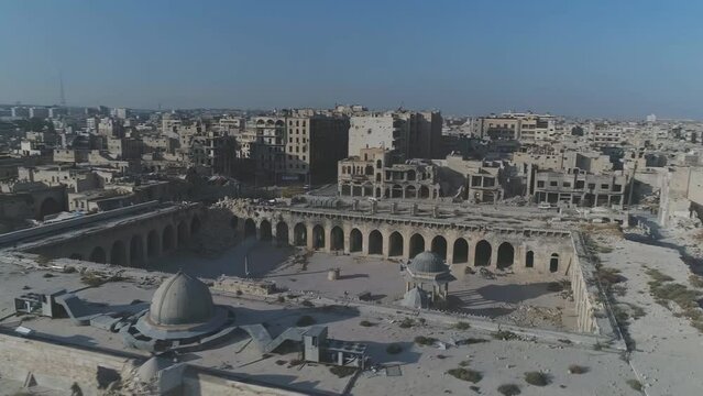 Aerial view of the Great Mosque of Aleppo, or Umayyad Mosque, was built in 715. The war caused destruction of the mosque and the city of Aleppo.