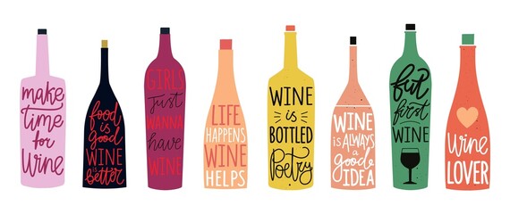 Vector set with colored bottles of wine and champagne with lettering and calligraphy quotes. Isolated typography poster collection with phrases. - 486672846