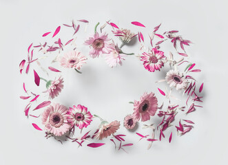 Frame with flying pink gerbera flowers on white background. Floral levitation concept with...