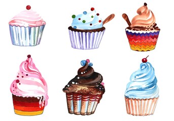 Hand draw birthday cakes set watercolor design