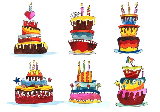 Hand draw birthday cakes set watercolor design