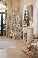 Cozy chalet lodge home interior with christmas tree and fireplace - luxury house inside on holiday background. Christmas tree and fireplace at home in luxury chalet or lodge home interior design.