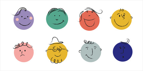 Crayon drawing style. Round abstract comic Faces with various Emotions. Different colorful characters. Cartoon style. Flat design. Hand drawn trendy Vector illustration. Good for kids.