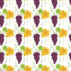 Seamless pattern of yellow grapes and green leaves on a burgundy background. Vector illustration for decor, wrapping paper, print
