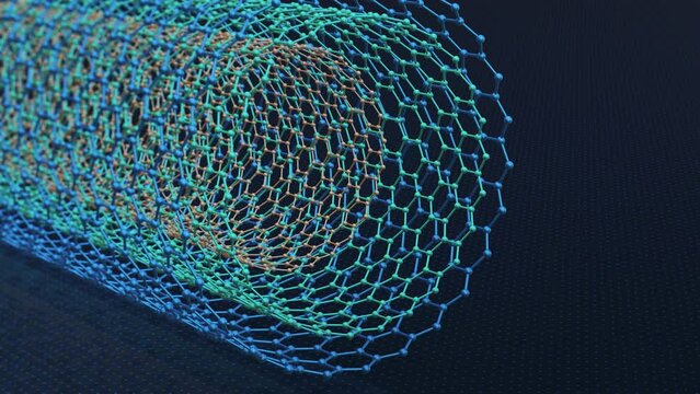 carbon nanotubes, graphene structure with carbon atoms, honeycomb, nanotechnology concept animation(3d render)