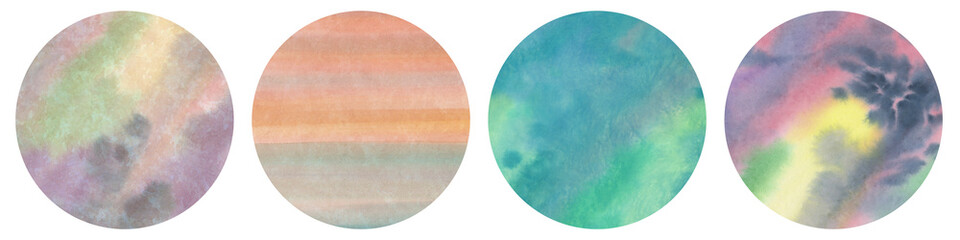 Set of watercolor planets isolated on white background. Collected colorful backgrounds in a circle.