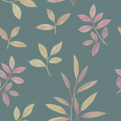 Seamless botanical pattern. Watercolor leaves drawn on paper and assembled into an ornament for design.