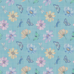 Abstract botanical background of flowers, butterflies and dragonflies. Seamless ornament for wrapping paper, design, print. Delicate flowers painted in watercolors, digitally processed.