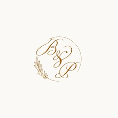 Initials BP wedding monogram logo with leaves and elegant circular lines