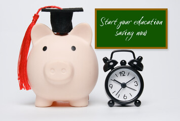 A picture of piggybank wearing mortar, alarm clock and blackboard illustration written start your education saving now.