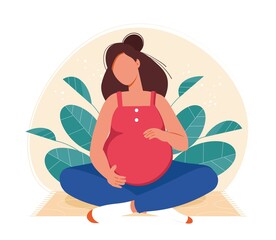 Pregnant woman practicing prenatal yoga vector flat illustration. Healthy pregnancy concept. Future mother doing aerobic exercise, meditation and stretching isolated. Female enjoy healthy lifestyle