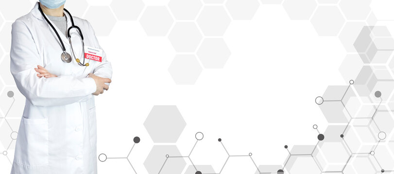 Doctor or scientist in white coat, stethoscope and crossed arms on white isolated background with geometric interface and copy space. Empty cells for icons and badges.
