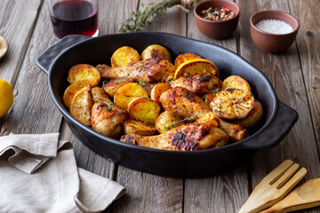 Baked chicken legs with potatoes and lemon. Recipe.