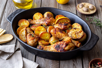 Baked chicken legs with potatoes and lemon. Recipe.