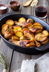 Baked chicken legs with potatoes and lemon. Recipe.