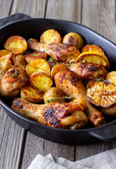 Baked chicken legs with potatoes and lemon. Recipe.