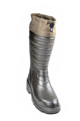 Off-road rubber boots, specialized footwear for fishing, hunting, work. Protective insulated footwear for winter and low temperatures. Polymer footwear. White background