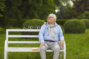 Happy carefree senior caucasian man with smile on face sitting on wooden bench relaxing on sunny day in park feeling enjoyment. Good emotion and positive expression. Retirement concept