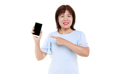 Fototapeta premium Studio closeup cutout isolated shot of Asian friendly senior grandmother female model in casual outfit standing smiling holding smartphone mobile on white background.