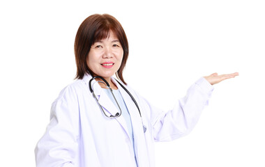 Portrait studio closeup cutout isolated shot Asian professional senior female doctor model in lab coat uniform smiling wearing holding stethoscope listening to patient heartbeat on white background