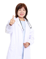 Portrait studio closeup cutout isolated shot Asian professional senior female doctor model in lab coat uniform smiling wearing holding stethoscope listening to patient heartbeat on white background