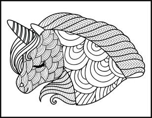 Unicorn Mandala vector and coloring page, doodle stylized unicorn head