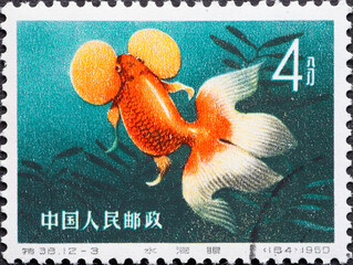 China - circa 1960: a postage stamp from China , showing a colorful fish: Goldfish (Carassius...