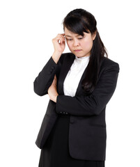 Portrait studio cutout isolated shot Asian young female businesswoman in formal suit  smiling look at camera on white background.