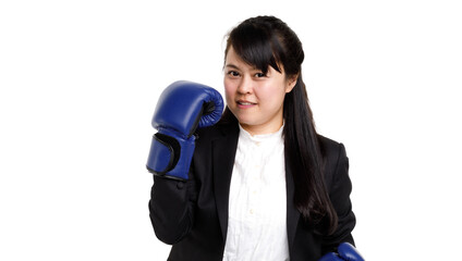 Portrait studio cutout isolated shot Asian young female businesswoman in formal suit with boxing...