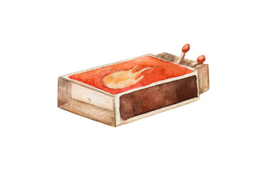 Open watercolor illustration of matchbox isolated on white background