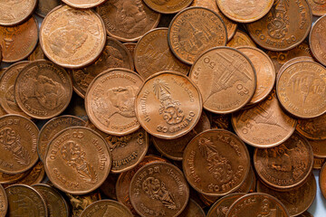 macro coin,Double Exposure of Coins ,Piles of coins on the table. Coins side view. Coins macro shot,Money thai coins background. Various coins used in Thailand.