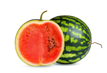 Ripe round watermelon and cut watermelon slice with red pulp