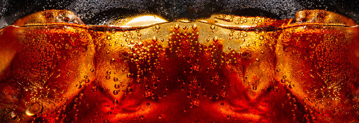 macro soft drink,Glass of tasty refreshing cola with ice cubes on black background, closeup,Cola...