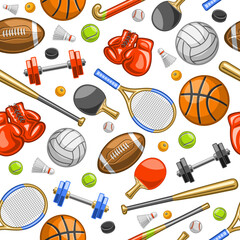 Vector Sports Seamless Pattern, square repeating background with cut out illustrations of various summer sport gear, red leather boxing gloves, tennis racquets and sports balls on white background - obrazy, fototapety, plakaty