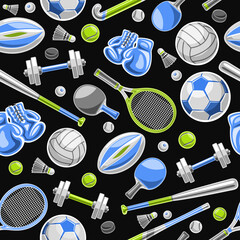Vector Sports Seamless Pattern, square repeating background with cut out illustrations of variety summer sport gear, blue leather boxing gloves, tennis racquets and sports balls on black background