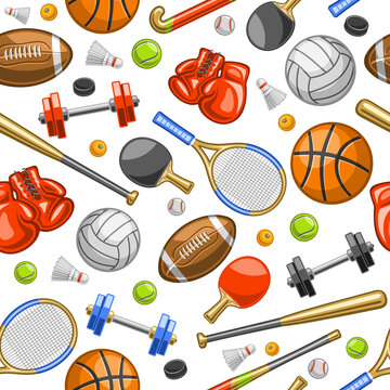 Vector Sports Seamless Pattern, square repeating background with cut out illustrations of various summer sport gear, red leather boxing gloves, tennis racquets and sports balls on white background